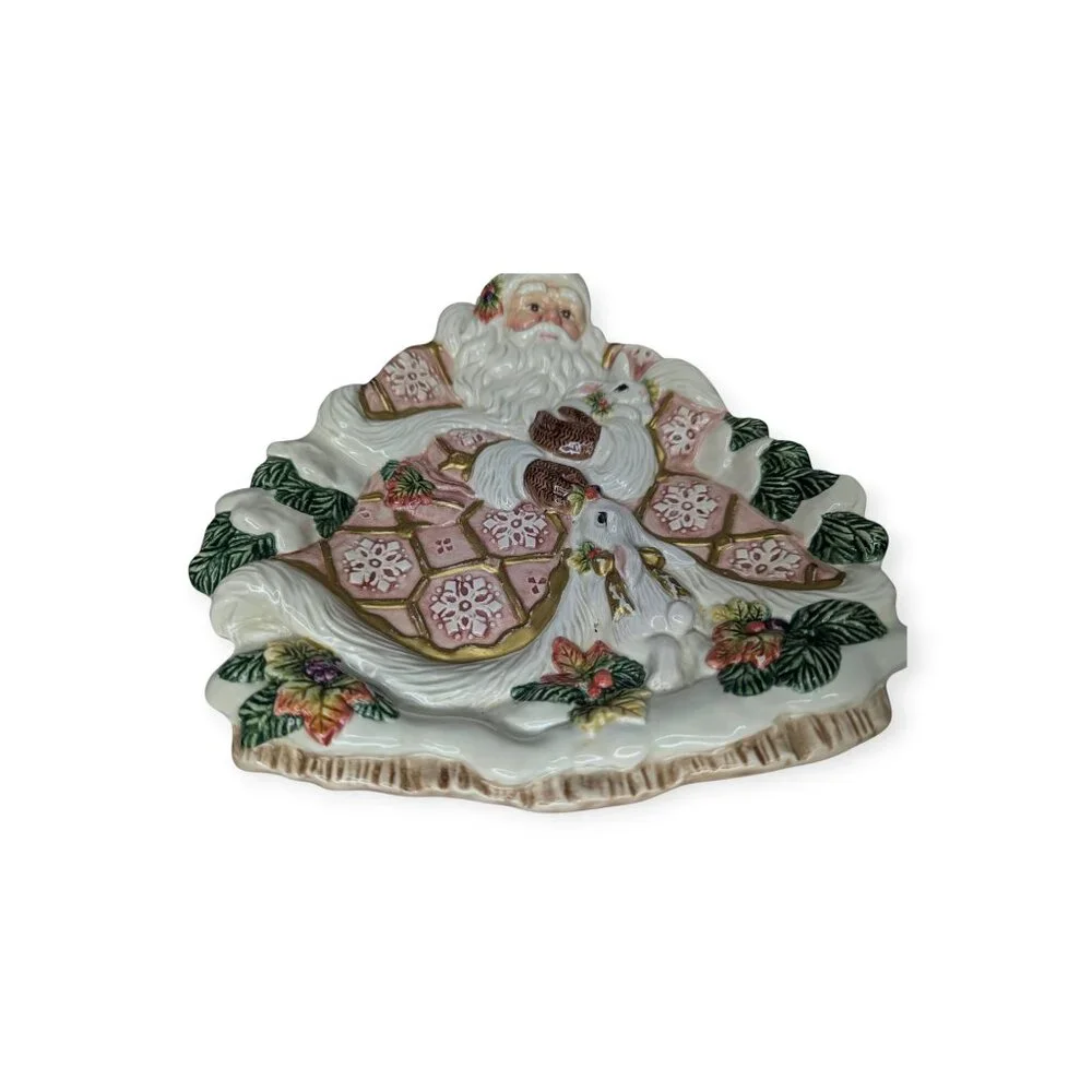 Vintage 1996 Fitz & Floyd Figural Christmas Santa Plate w/Rabbits & Snowflakes